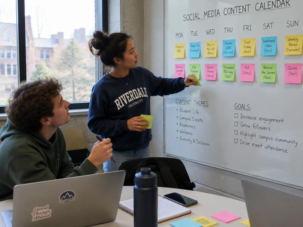 Students planning a content calendar on a whiteboard